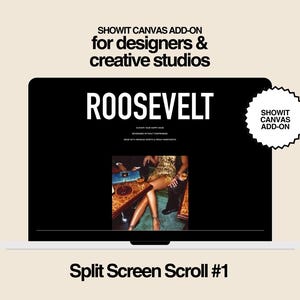 Pode incluir: Um ecrã de computador portátil mostra a palavra "ROOSEVELT" em texto branco sobre um fundo preto. O ecrã também mostra uma imagem de pessoas numa mesa. O texto "SHOWIT CANVAS ADD-ON" também é visível.