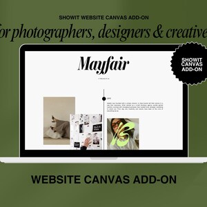 Pode incluir: Um ecrã de laptop exibe um design de site com a palavra "Mayfair" em uma fonte elegante. A tela também mostra o texto "SHOWIT WEBSITE CANVAS ADD-ON for photographers, designers & creatives" e "WEBSITE CANVAS ADD-ON". O fundo é verde.