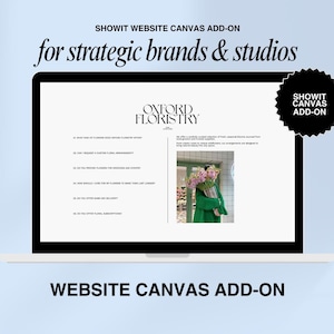 Pode incluir: Um ecrã de computador portátil mostra um complemento de tela de site para marcas e estúdios estratégicos. O ecrã mostra o site Oxford Floristry com texto e uma imagem de uma pessoa com flores. O texto "SHOWIT WEBSITE CANVAS ADD-ON" é visível.