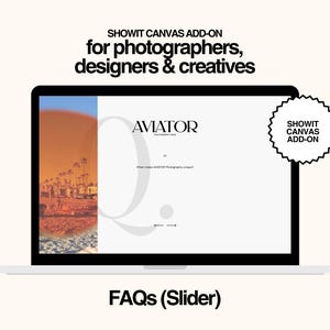 Pode incluir: Um ecrã de computador portátil exibe um site com o texto "SHOWIT CANVAS ADD-ON for photographers, designers & creatives." O site apresenta a palavra "AVIATOR" e uma imagem costeira. Um autocolante branco diz "SHOWIT CANVAS ADD-ON."