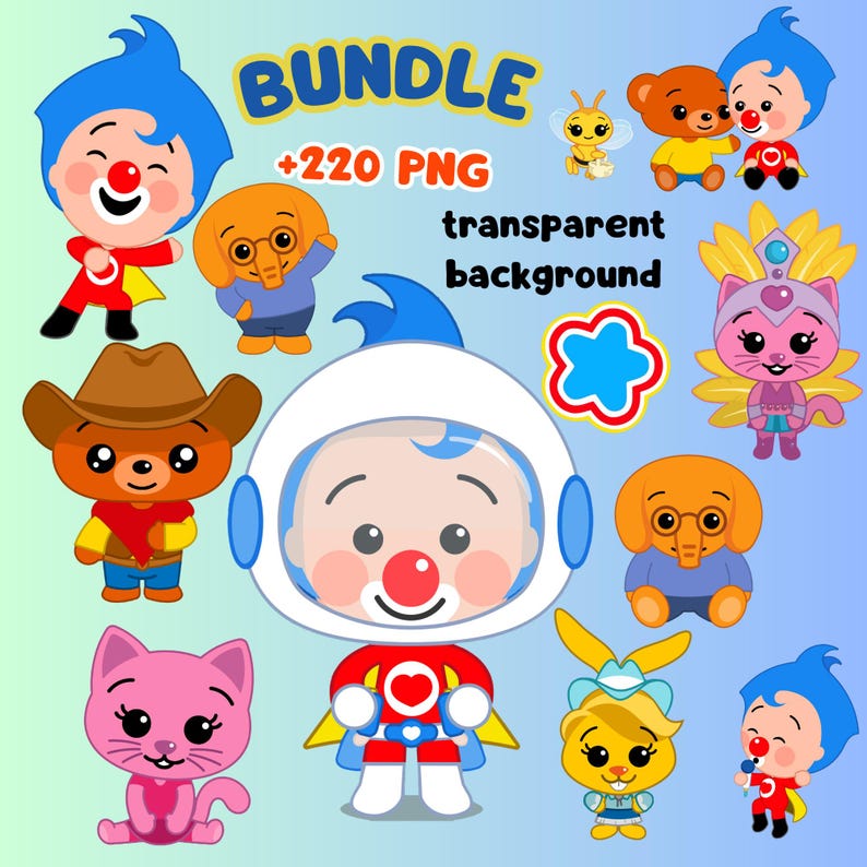 May include: A digital bundle of cartoon characters, including a clown, bear, cat, and elephant, with the text "BUNDLE +220 PNG transparent background". The characters are in various outfits and poses, with bright colors and a playful style.