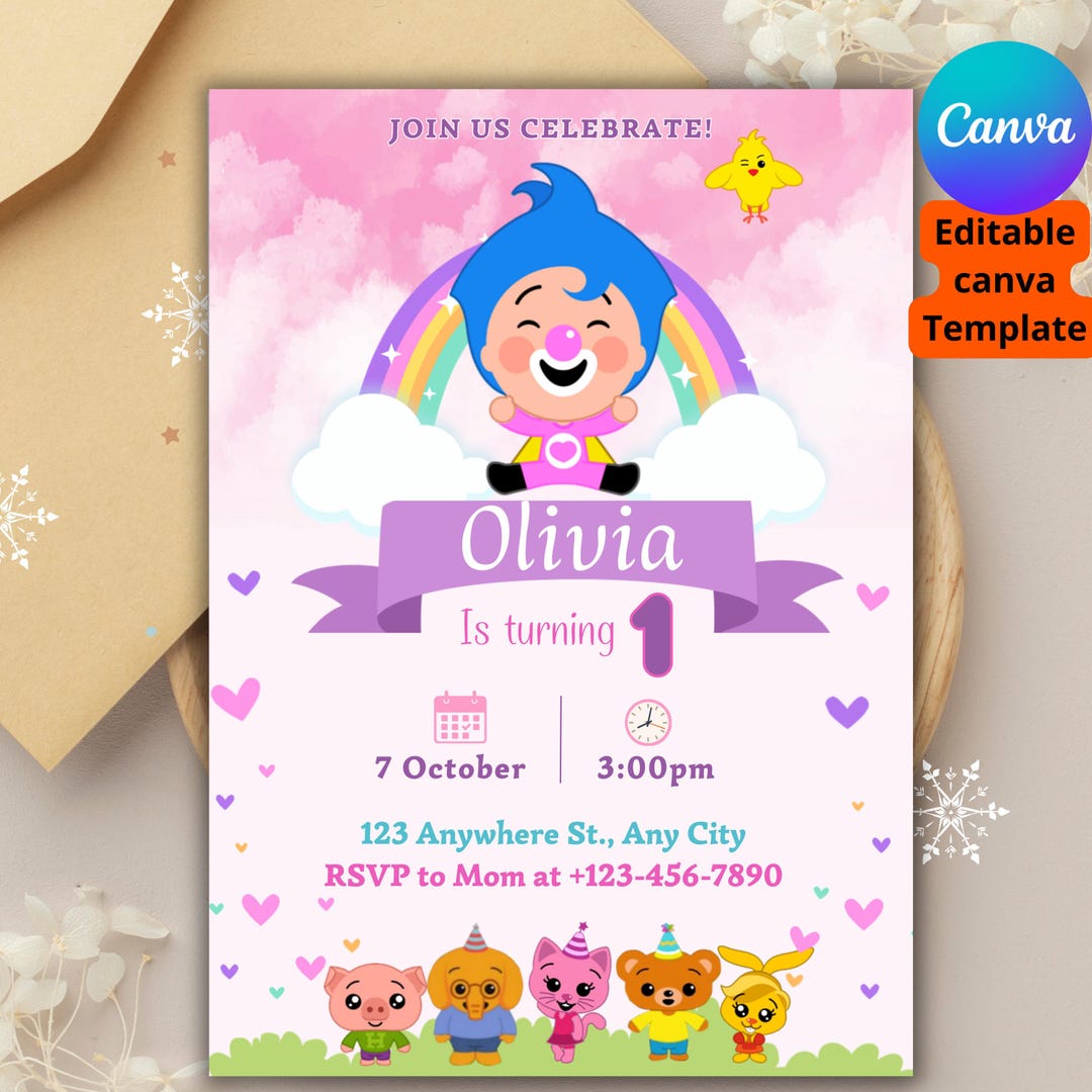 Pink Plim Plim Birthday Invitation, Printable Template, Invitation