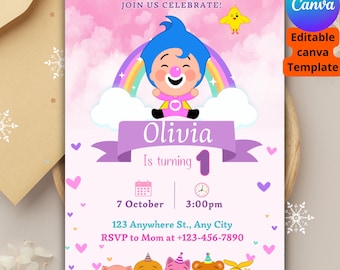 Pink Plim Plim Birthday Invitation, Printable template, invitation template, girls first birthday, Pink Plim Plim Birthday Template, 1 year