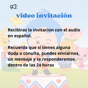 K&ouml;nnte beinhalten: Eine digitale Videoeinladung mit dem Text "video invitaci&oacute;n" in Blau. Die Einladung enth&auml;lt Zeichentrickfiguren und Text auf Spanisch, verspricht Audio auf Spanisch und eine Antwort innerhalb von 24 Stunden.
