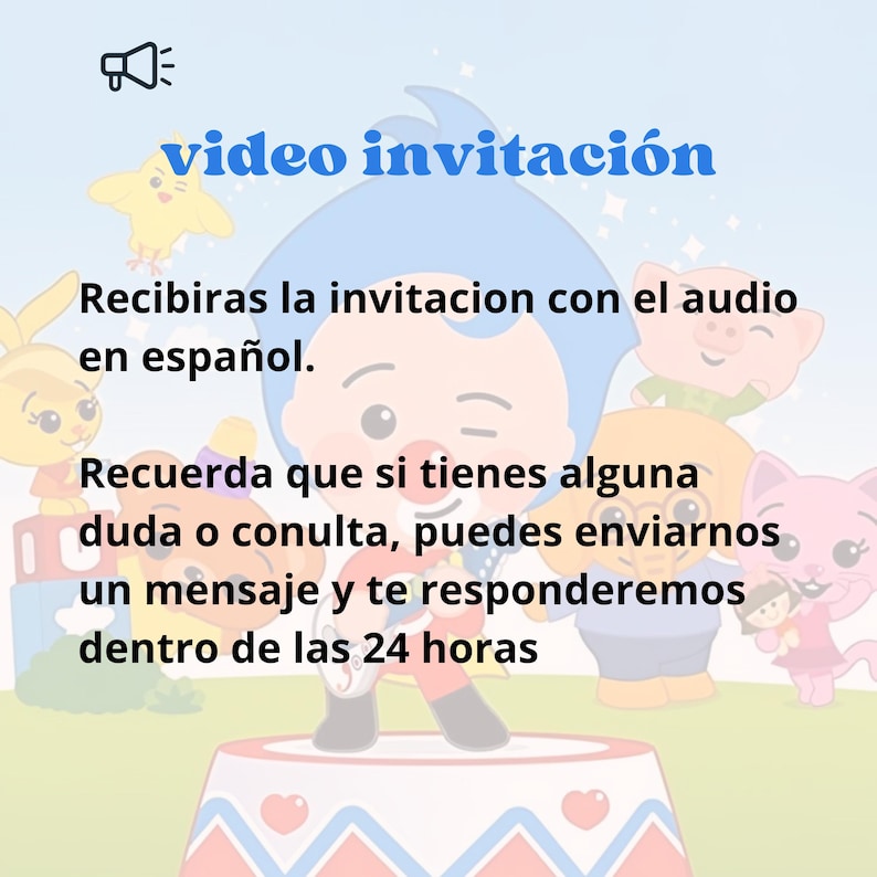 K&ouml;nnte beinhalten: Eine digitale Videoeinladung mit dem Text "video invitaci&oacute;n" in Blau. Die Einladung enth&auml;lt Zeichentrickfiguren und Text auf Spanisch, verspricht Audio auf Spanisch und eine Antwort innerhalb von 24 Stunden.