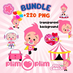 May include: A collection of pink and blue cartoon graphics featuring a clown-like character. The image includes the text "BUNDLE +220 PNG" and "transparent background". Other elements include a car, a circus tent, and heart-shaped designs.