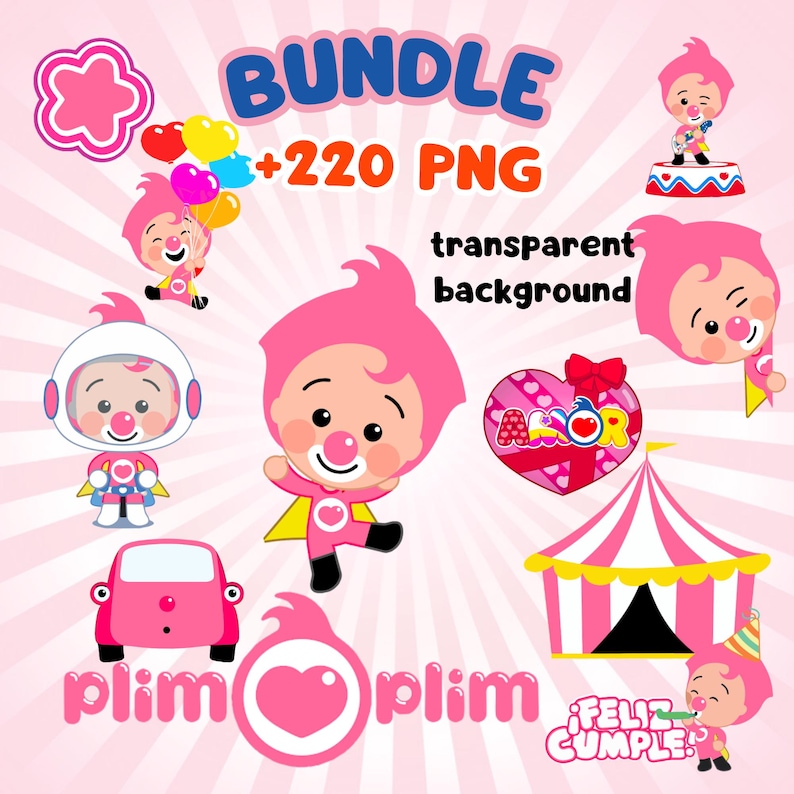 May include: A collection of pink and blue cartoon graphics featuring a clown-like character. The image includes the text "BUNDLE +220 PNG" and "transparent background". Other elements include a car, a circus tent, and heart-shaped designs.