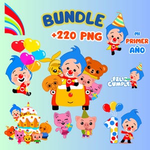 May include: A digital bundle of cartoon graphics featuring a clown character with blue hair, balloons, and various animal characters. The text "BUNDLE +220 PNG" is displayed at the top. Other text includes "MI PRIMER A&Ntilde;O" and "FELIZ CUMPLE".