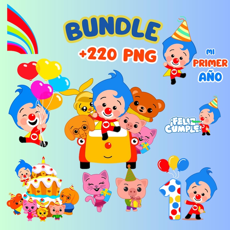 May include: A digital bundle of cartoon graphics featuring a clown character with blue hair, balloons, and various animal characters. The text "BUNDLE +220 PNG" is displayed at the top. Other text includes "MI PRIMER A&Ntilde;O" and "FELIZ CUMPLE".