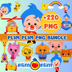 May include: A collection of colorful cartoon characters, including a clown with blue hair, a bee, a yellow helicopter, a rainbow, and various animals. The image includes the text "PLIM PLIM PNG BUNDLE" and "+220 PNG".