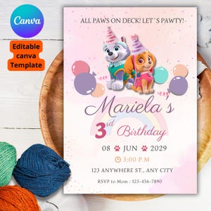 Paw Patrol Girl Birthday Invitation Template, Puppy Skye Paw Party Invitation Template,Skye Paw Patrol Girl 3rd Birthday Invitation Template