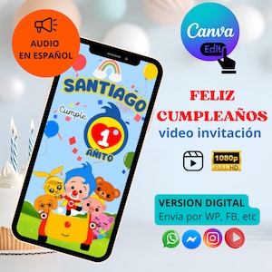 Pode incluir: Um smartphone exibe um convite de aniversário para "Santiago" com o texto "Feliz Cumpleaños." O convite apresenta personagens de desenhos animados, balões e o número "1." O logotipo da Canva e as palavras "Version Digital" são visíveis.