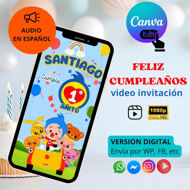 K&ouml;nnte beinhalten: Ein Smartphone zeigt eine Geburtstagseinladung f&uuml;r "Santiago" mit dem Text "Feliz Cumplea&ntilde;os." Die Einladung enth&auml;lt Cartoon-Figuren, Luftballons und die Zahl "1." Das Canva-Logo und die Worte "Version Digital" sind ebenfalls zu sehen.