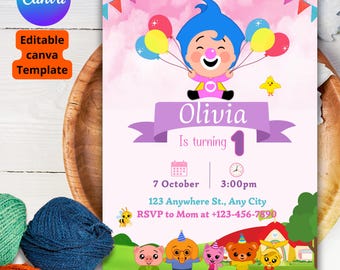 Pink Plim Plim Birthday Invitation, printable pink template, first birthday girl, pink Plim Plim template, editable pink plim plim invitation