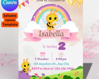 Bee Birthday Invitation, Printable template, invitation template, first birthday, little bee Birthday Template, bee invitation, little bee