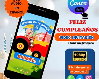 Animierte Plim Plim Farmer Geburtstagseinladung, Plim Plim Farmer Einladung, Plim Plim Einladung zum ersten Geburtstag