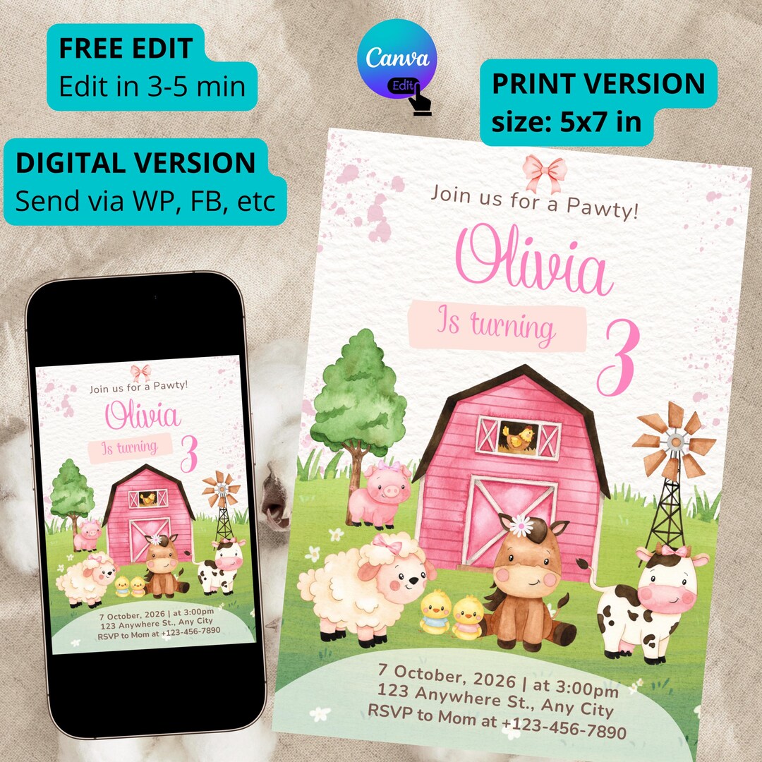 Barn Animals Invite for Girls, Editable Pink Farm Birthday Invitation ...