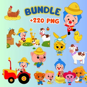 May include: A collection of cartoon farm animals and characters, including a cow, pig, chicken, and a tractor. The image includes the text "BUNDLE +220 PNG" in blue and yellow. The characters are in bright colors against a gradient blue background.