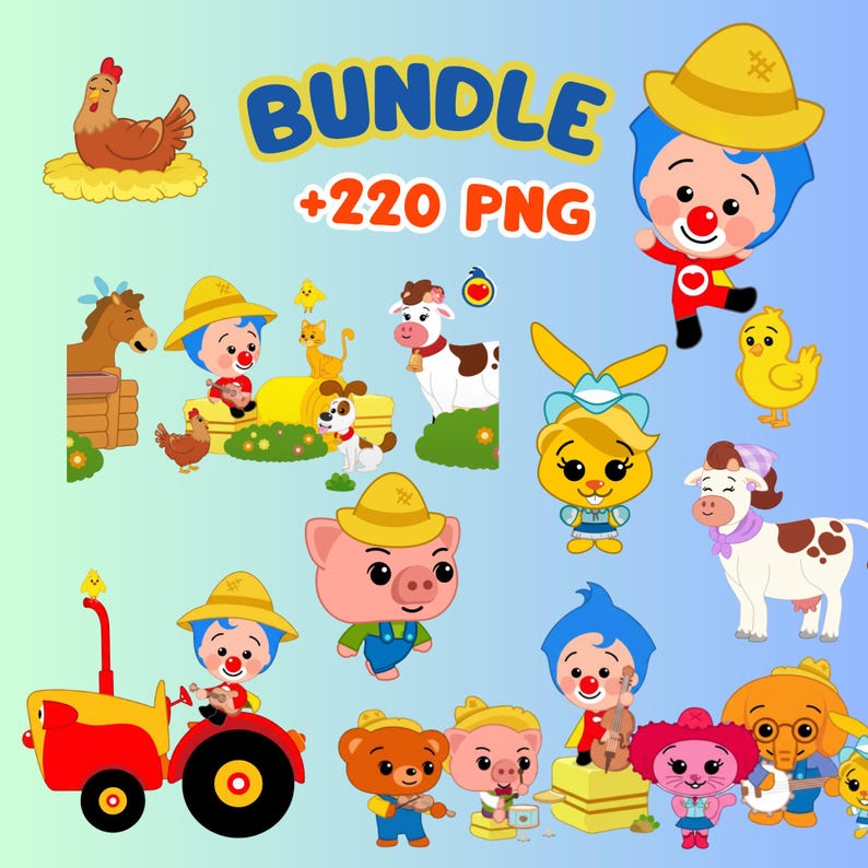 May include: A collection of cartoon farm animals and characters, including a cow, pig, chicken, and a tractor. The image includes the text "BUNDLE +220 PNG" in blue and yellow. The characters are in bright colors against a gradient blue background.