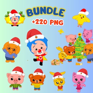 May include: A collection of cartoon characters, including a clown, elephant, pig, bear, and cat, all wearing Santa hats. The image has the text "BUNDLE +220 PNG" in blue and orange. The characters are in a Christmas theme.
