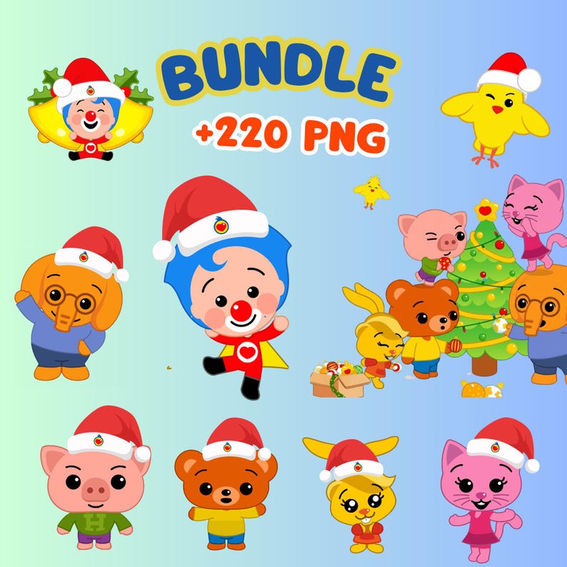 May include: A collection of cartoon characters, including a clown, elephant, pig, bear, and cat, all wearing Santa hats. The image has the text "BUNDLE +220 PNG" in blue and orange. The characters are in a Christmas theme.