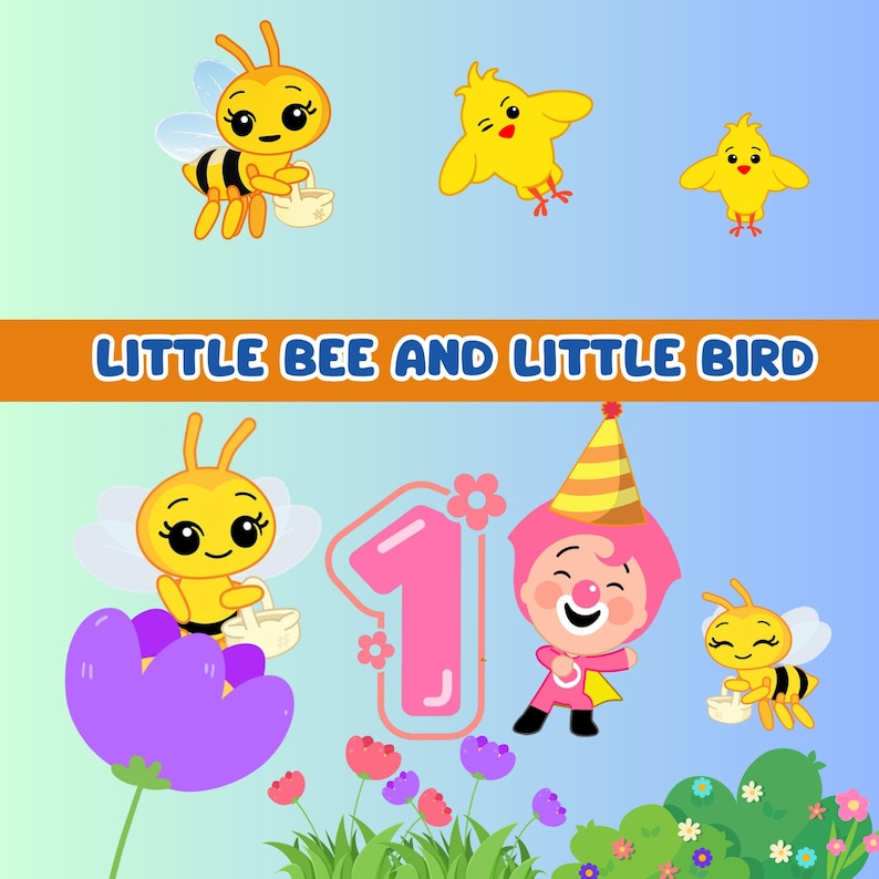 May include: A colorful illustration featuring cartoon bees, chicks, and a clown. The text "LITTLE BEE AND LITTLE BIRD" is displayed. A large pink number one is also present, along with flowers and grass.