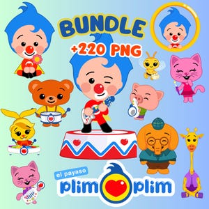 May include: A collection of colorful cartoon characters, including a clown, animals, and the text "BUNDLE +220 PNG". The clown is the central figure, playing a guitar on a stage. Other characters include a bear, bunny, pig, cat, bee, elephant, and giraffe.