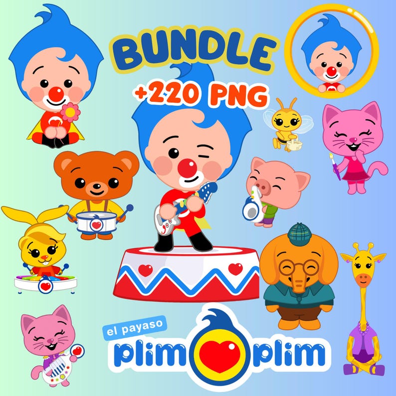 May include: A collection of colorful cartoon characters, including a clown, animals, and the text "BUNDLE +220 PNG". The clown is the central figure, playing a guitar on a stage. Other characters include a bear, bunny, pig, cat, bee, elephant, and giraffe.