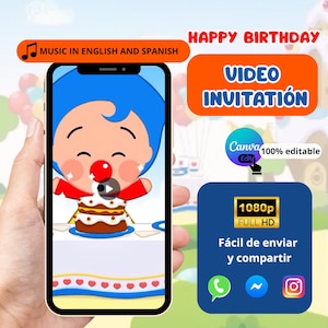 Puede incluir: Un teléfono inteligente muestra una invitación de video de cumpleaños. La pantalla muestra un personaje de dibujos animados con un pastel. El texto incluye "Happy Birthday", "Video Invitación" y "Music in English and Spanish". El video es 1080p Full HD y fácil de compartir.