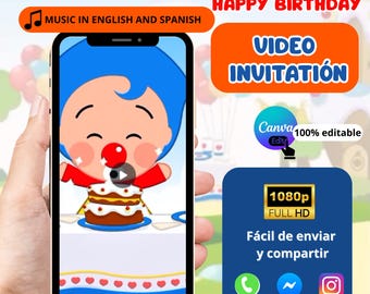 Animierte Plim Plim Clown Geburtstagseinladung, Digitale Plim Plim Clown Einladung, Plim Plim Einladung zum ersten Geburtstag, Einladung Plim Plim