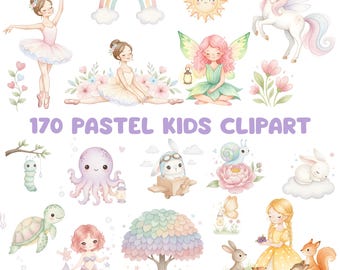 170 Rainbow World Watercolor Clipart Set | Unicorn, Princess & Adorable Animals PNG | Transparent Background Download