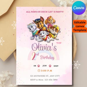 Paw Patrol Girl Birthday Invitation | Editable Pink Skye Everest Party Invite | Birthday Digital Download | Paw Patrol Canva Template, skye