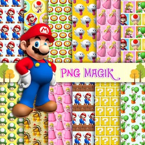 May include: A digital graphic design featuring Mario in the foreground with a collage of various Super Mario character patterns including Princess Peach, Toad, Yoshi, Bowser, Boo, fire flowers, and question mark blocks with the text PNG MAGIK.
