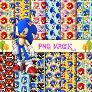 May include: A digital collage featuring Sonic the Hedgehog in the foreground with a background of repeating patterns of Sonic, Tails, Knuckles, Amy Rose, Shadow, and Dr. Eggman in circular frames and squares, with the text PNG MAGIK in the center.