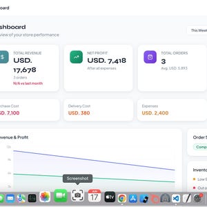 Puede incluir: Una interfaz de panel de administración digital que muestra métricas de rendimiento de la tienda, incluyendo ingresos totales de 17,678 USD, beneficio neto de 7,418 USD, tres pedidos y dos clientes, con un menú lateral y un dock inferior.