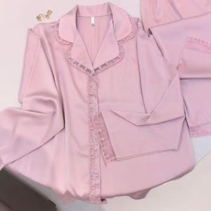 Cute Aesthetic Silky Lace Blossom PJ Set (Long Sleeve Top & Pants)