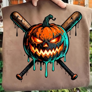 May include: A Halloween-themed design featuring an orange pumpkin with glowing eyes and a menacing grin, crossed with two baseball bats. The pumpkin has teal and black accents with dripping details, set against a brown background.