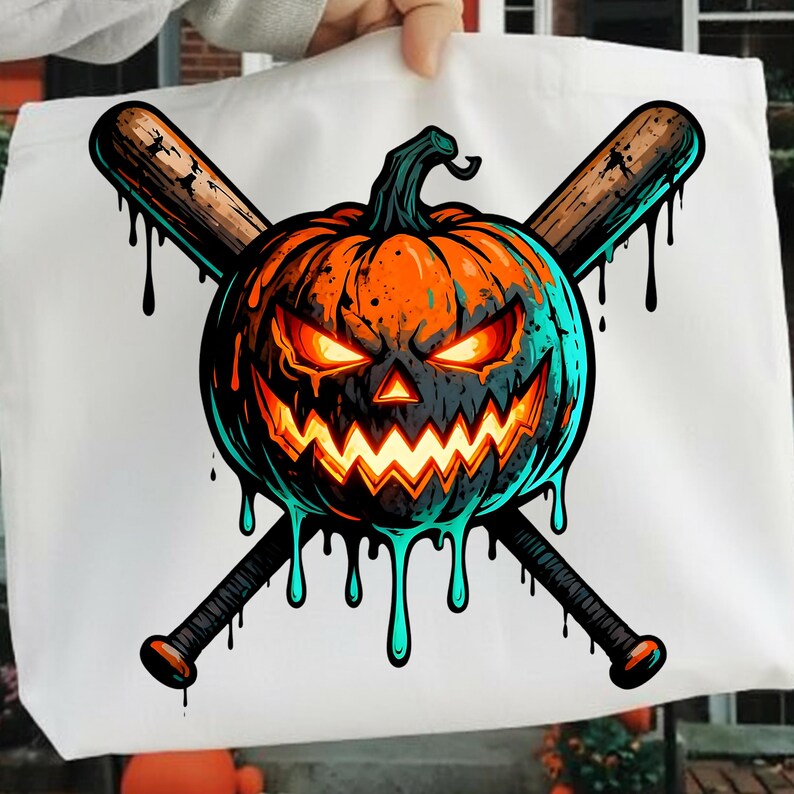 May include: White tote bag featuring a Halloween-themed graphic. The design includes a menacing orange pumpkin with glowing eyes and a jagged mouth, crossed baseball bats, and dripping accents. The artwork has a cartoonish style.