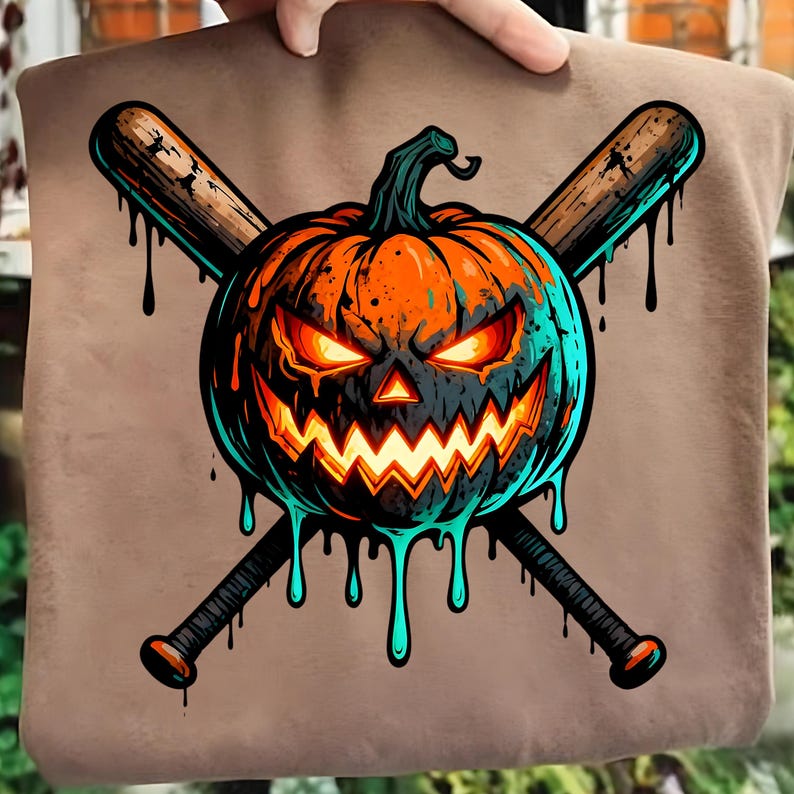 May include: A Halloween-themed design featuring an orange pumpkin with glowing eyes and a menacing grin, crossed with two baseball bats. The pumpkin has teal and black accents with dripping details, set against a brown background.