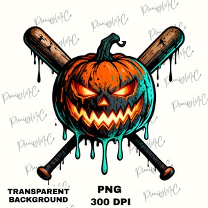 May include: A digital illustration of a Halloween-themed design. It features a menacing jack-o'-lantern with glowing orange eyes and a jagged mouth, crossed with two baseball bats. The design includes dripping teal accents and the text "TRANSPARENT BACKGROUND" and "PNG 300 DPI".
