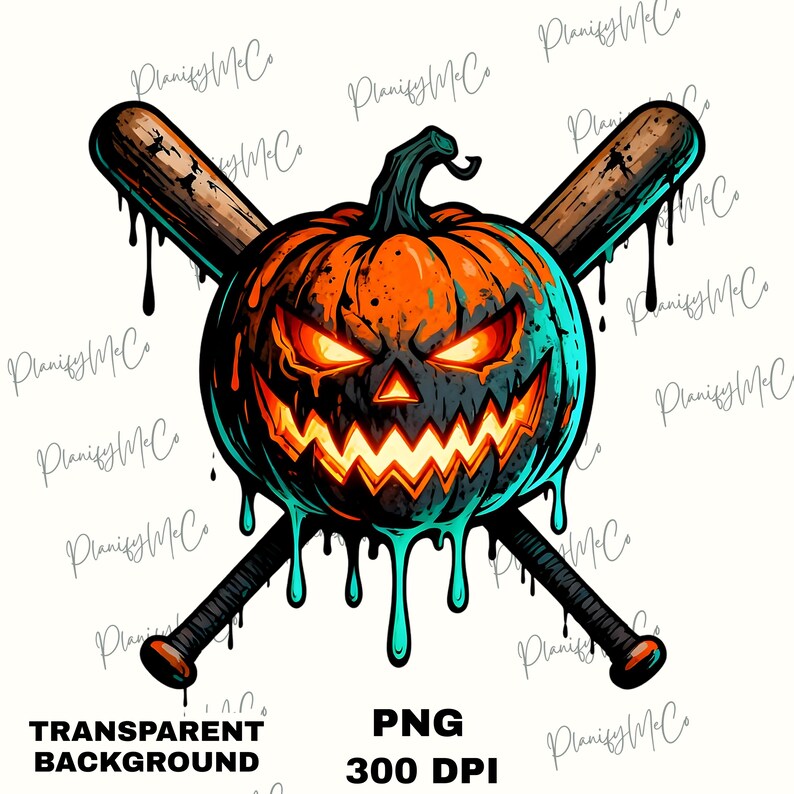 May include: A digital illustration of a Halloween-themed design. It features a menacing jack-o'-lantern with glowing orange eyes and a jagged mouth, crossed with two baseball bats. The design includes dripping teal accents and the text "TRANSPARENT BACKGROUND" and "PNG 300 DPI".