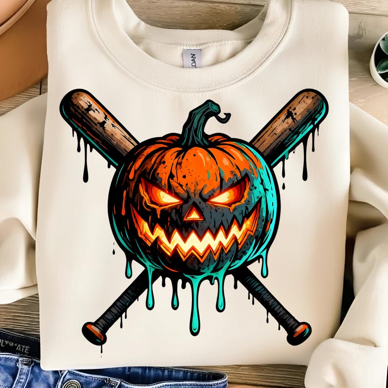 May include: Cream-colored sweatshirt featuring a Halloween-themed graphic. The design includes a menacing orange pumpkin with glowing eyes and a jagged mouth, crossed with two wooden baseball bats. Black drips accent the design.