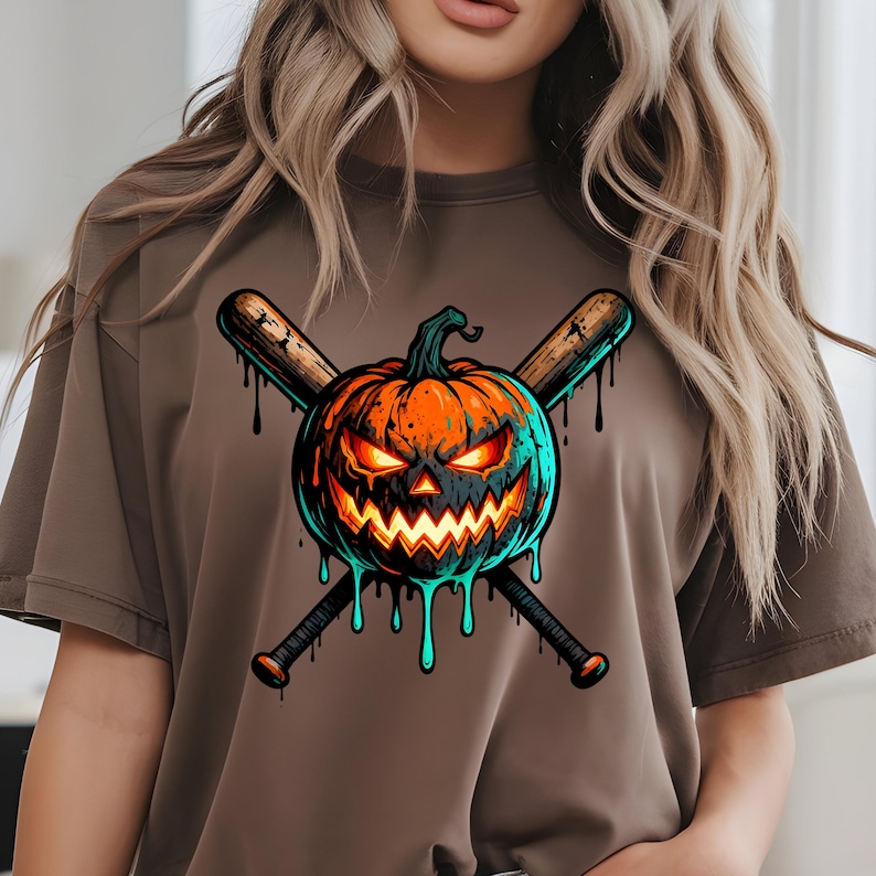 May include: Brown t-shirt featuring a Halloween design. The graphic includes an orange jack-o'-lantern with glowing eyes and a menacing grin, crossed with two baseball bats. The design has teal and black accents.