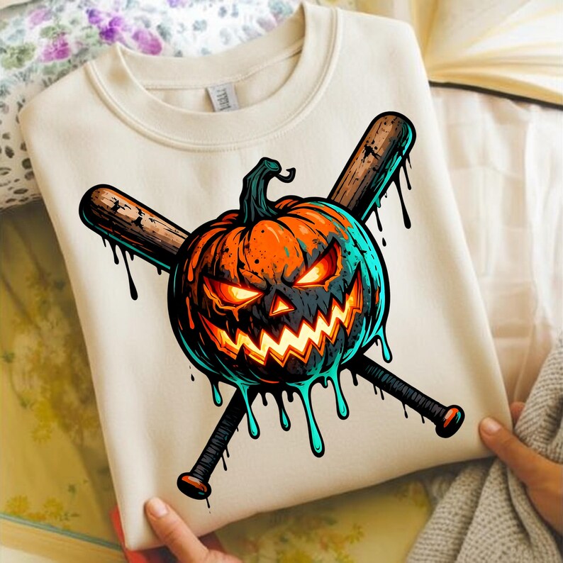 May include: Cream-colored sweatshirt featuring a Halloween-themed graphic. The design includes a menacing jack-o'-lantern with glowing eyes and a jagged grin, crossed with two baseball bats. The pumpkin is orange and teal with black dripping accents.