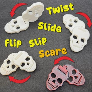 May include: Several skull-shaped fidget toys in white and red, featuring hinged designs that allow for twisting, sliding, and flipping motions. The image includes yellow text labels reading Twist, Slide, Flip, Slip, and Scare with red arrows.