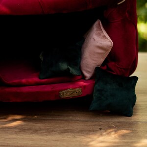 May include: A plush, claret-coloured velvet pet bed with a buttoned design. The bed features three small cushions in shades of green and pink. A gold-toned plaque with the word "Biscuit" is attached.