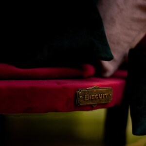 May include: A close-up of a red velvet bench with a brass plate that reads "Biscuit". Dark green and pink cushions are on the bench. The bench has dark legs and is set against a dark background.