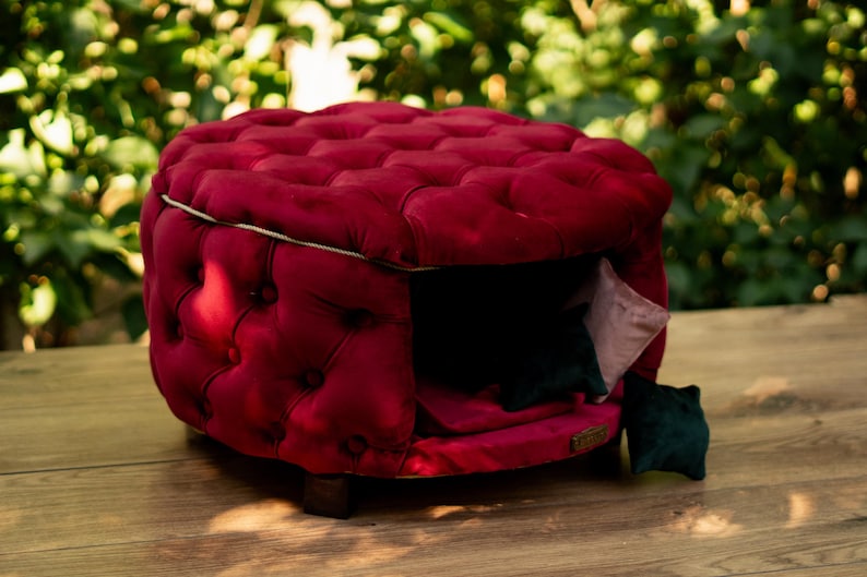 May include: A plush, burgundy pet bed with a tufted design. The bed has a square shape with a button-tufted pattern and a white trim. Inside, there are pink and green cushions. The bed is raised on small wooden feet. The bed is designed for pets.
