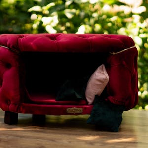 May include: A plush, deep red velvet pet bed with a buttoned design. The bed is rectangular with a dark interior and small wooden legs. Includes a pink and green cushion for comfort.