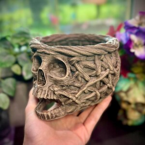 May include: A detailed, brown skull-shaped planter with an open mouth and woven texture. The planter is designed to hold plants and has a rustic, weathered appearance. The skull's eye sockets and nose cavity are visible.